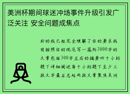 美洲杯期间球迷冲场事件升级引发广泛关注 安全问题成焦点 美洲杯期间球迷冲场事件升级引发广泛关注 安全问题成焦点